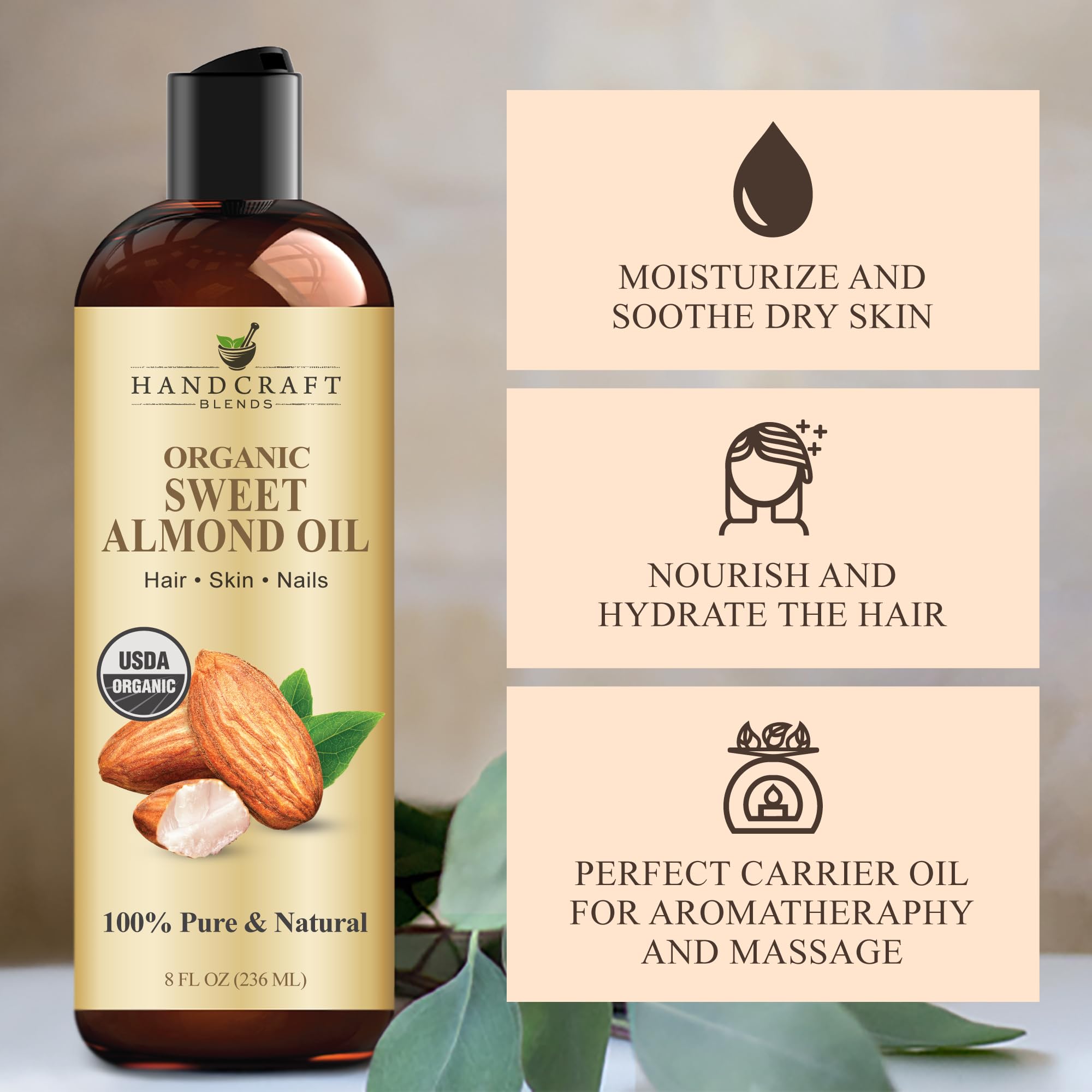 Hair care scene using Handcraft Blends almond oil for conditioning and shine