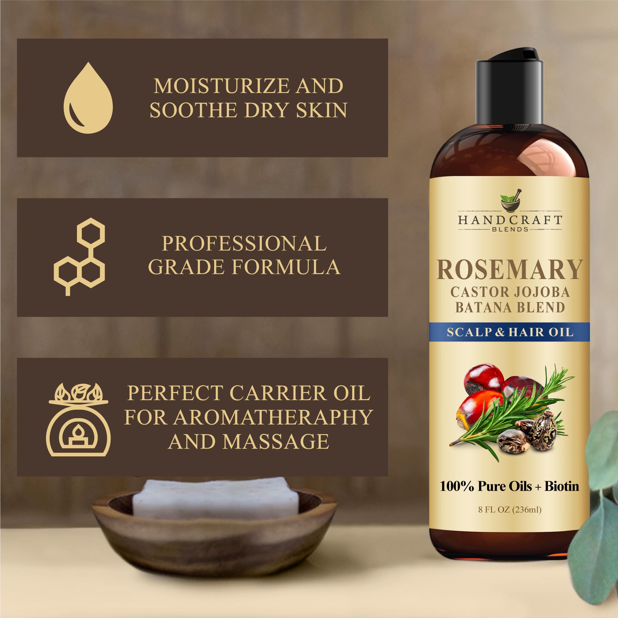 Handcraft Blends Rosemary Oil bottle with label emphasizing pure, natural formula.