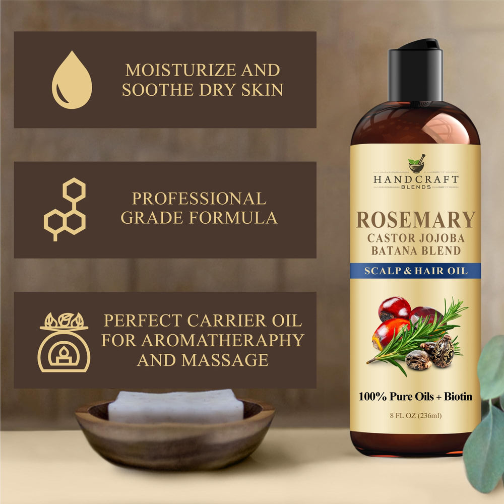 Handcraft Blends Rosemary Oil bottle with label emphasizing pure, natural formula.