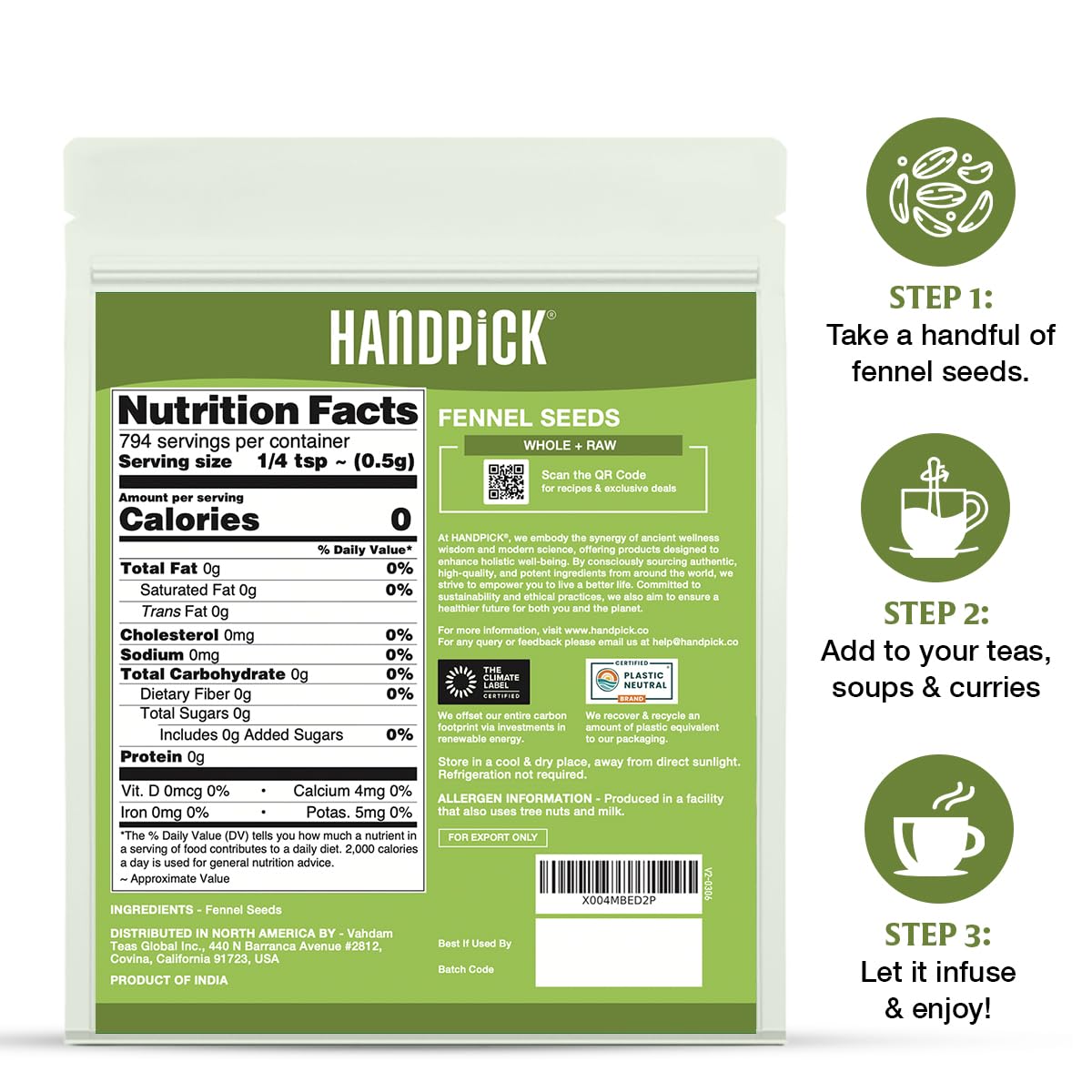 HANDPICK fennel seeds brand label close-up highlighting sustainable packaging