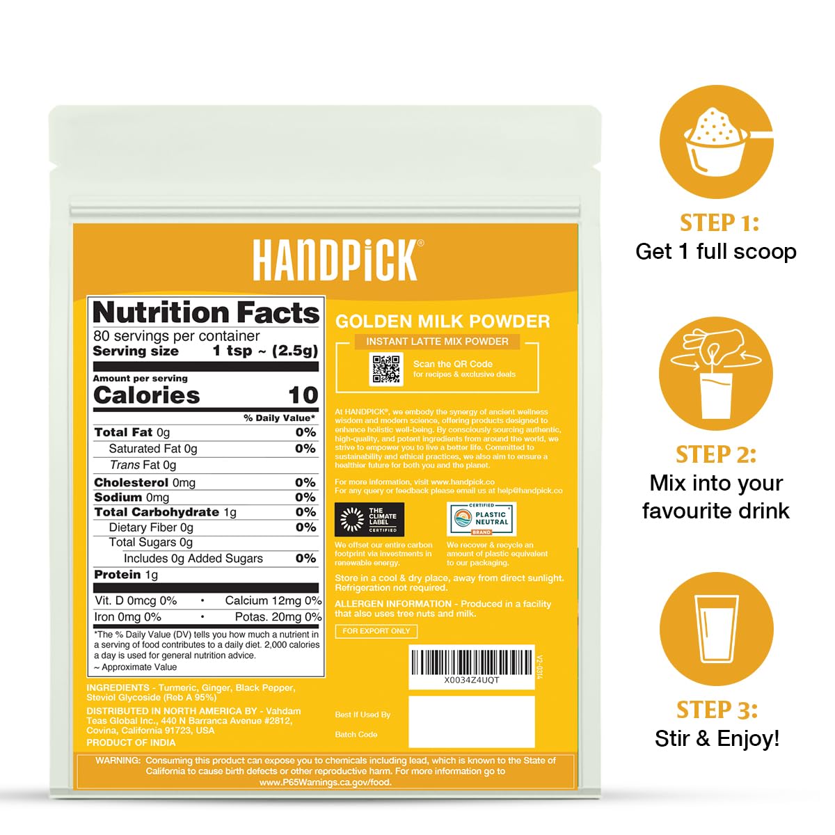 HANDPICK Golden Milk Powder bag showcases pure ingredients for a natural, spice-forward beverage.