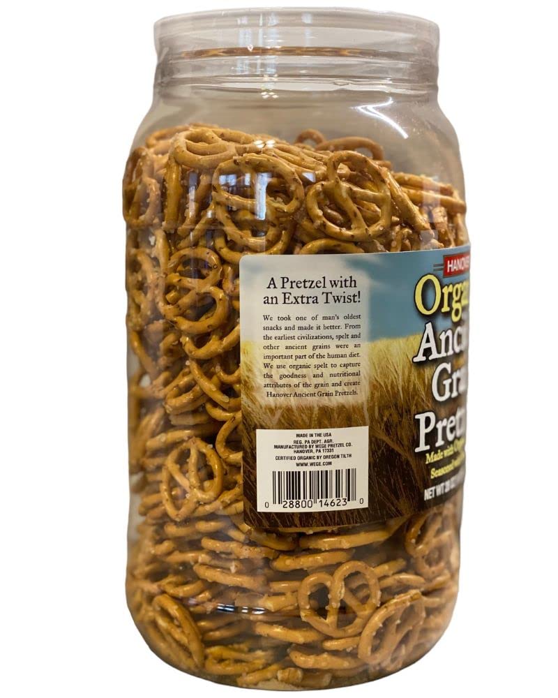 Hanover Organic Pretzels with USDA Organic label near texture and quality ingredients.