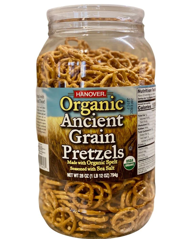 Hanover Organic Spelt Sea Salt Pretzels bag highlight, a crunchy, shareable on-the-go snack.