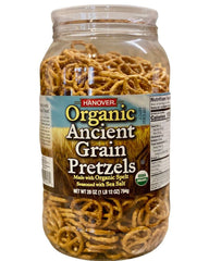 Hanover Organic Spelt Sea Salt Pretzels bag highlight, a crunchy, shareable on-the-go snack.
