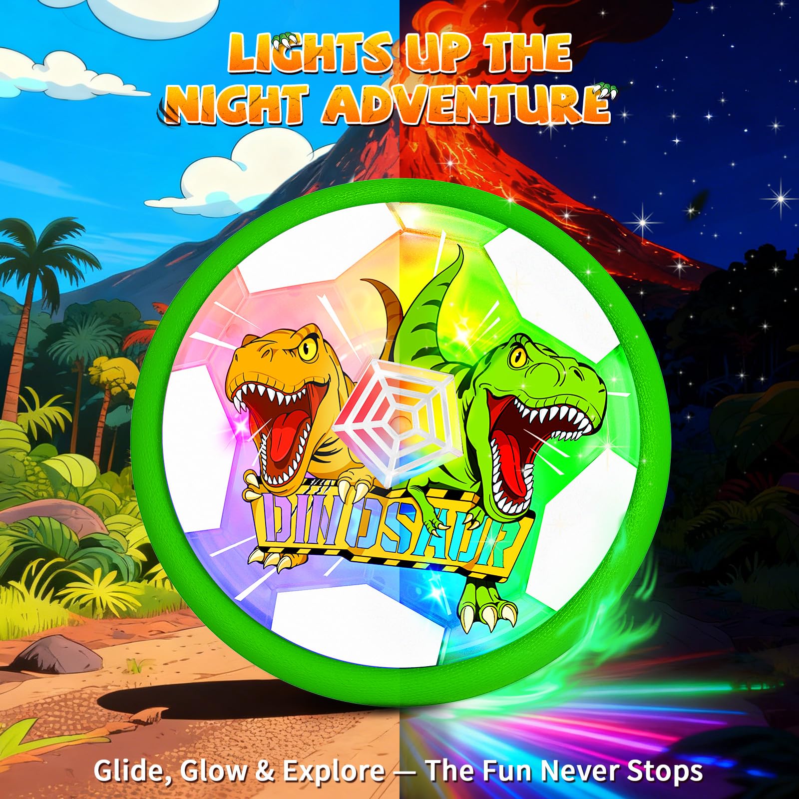 Hanroni hover ball with glowing dino graphics for dramatic play.