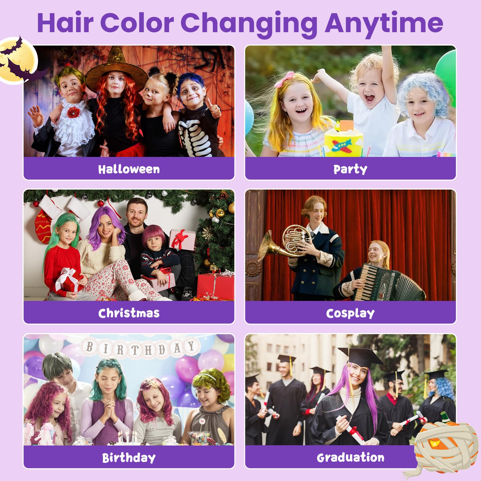 Hansuby cosplay look created with purple hair color wax for bold accents.