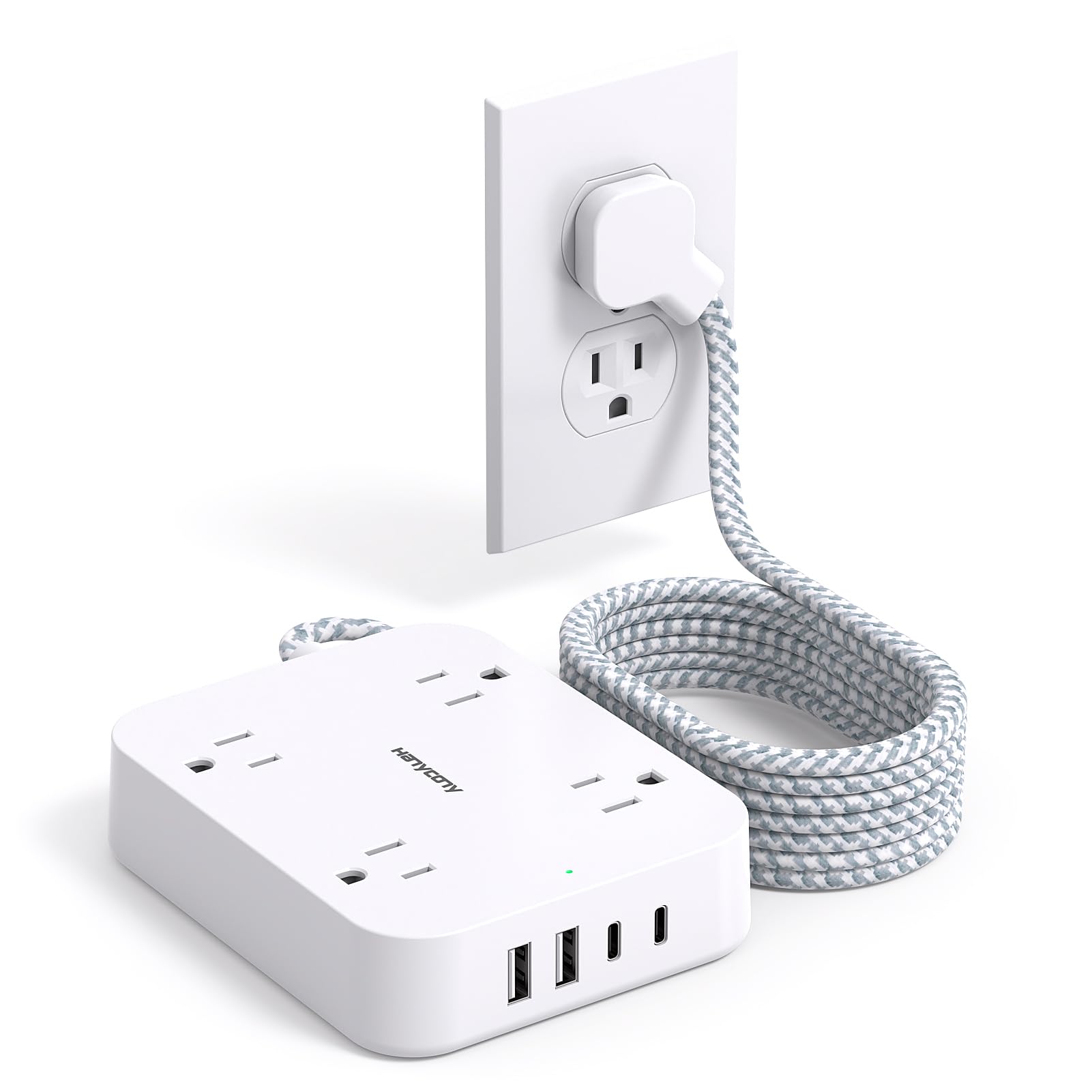 HANYCONY 10ft flat extension cord front view showing space-saving design for desks