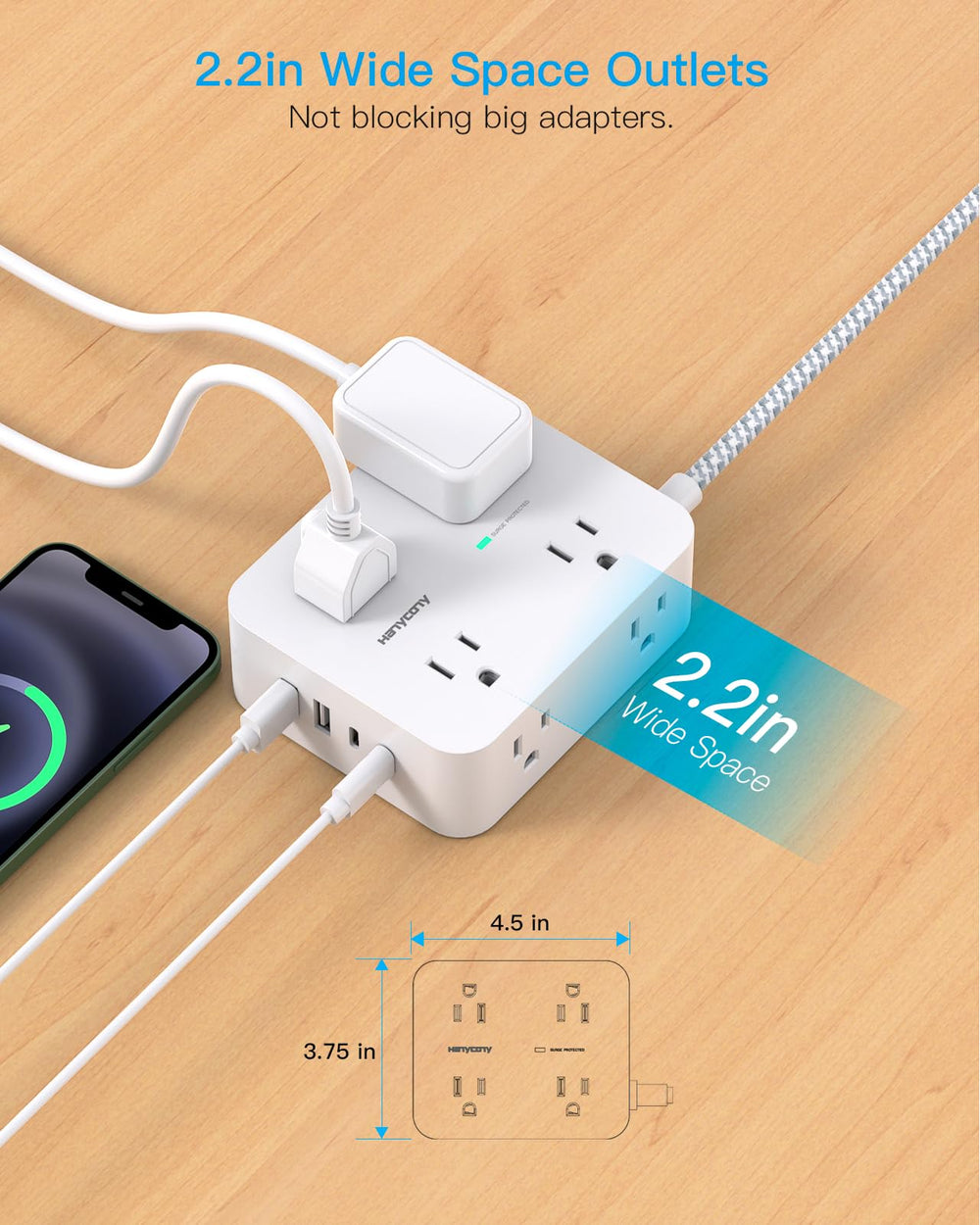 HANYCONY 45-degree flat plug fits behind furniture for clean setups.