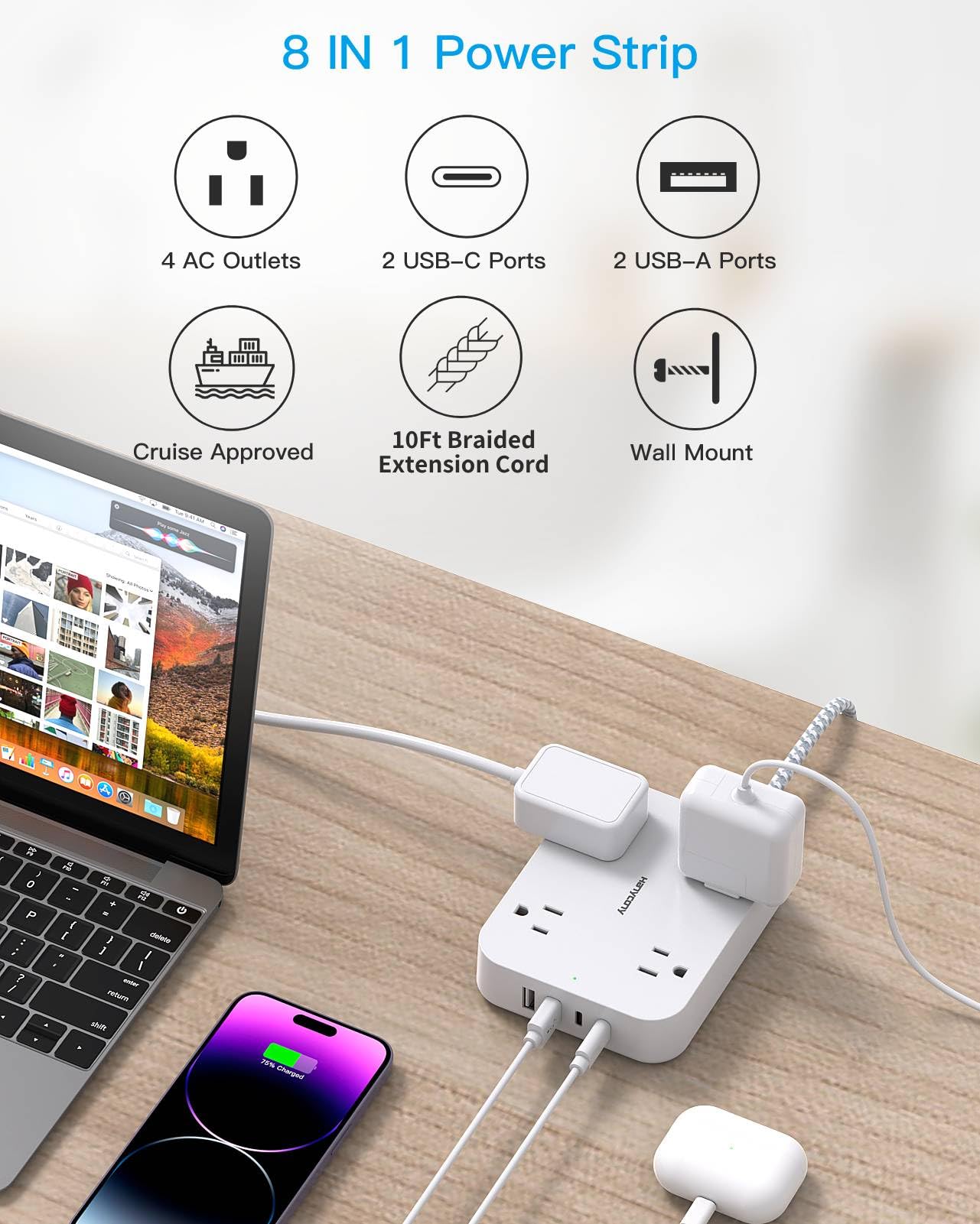 HANYCONY 8-in-1 dorm-office setup with multiple outlets for charging devices