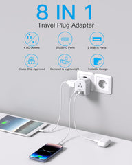 HANYCONY 8-in-1 adapter showing 4 outlets and USB-C ports for multiple devices.