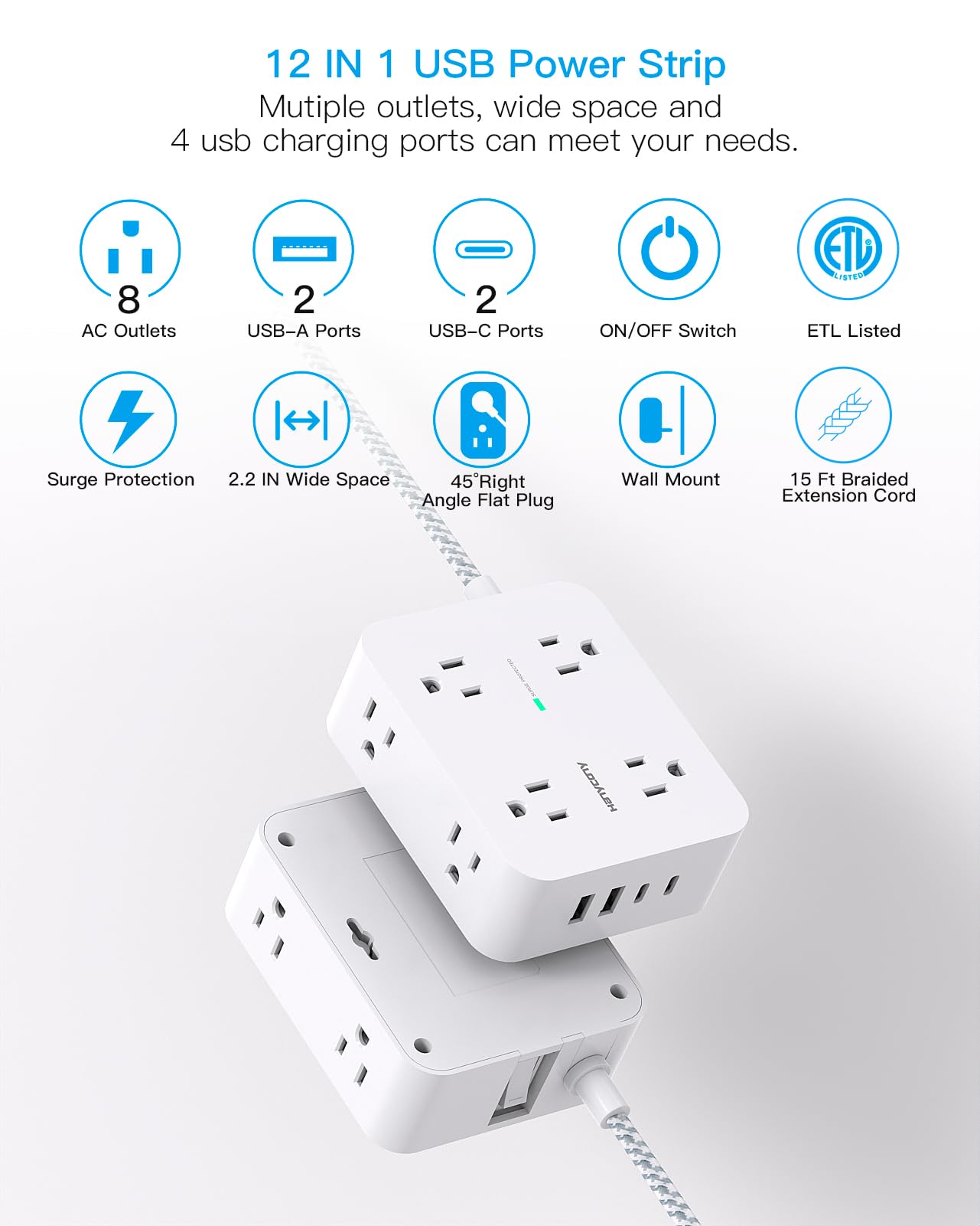 HANYCONY power strip features 8 outlets and 4 USB ports for multiple devices.