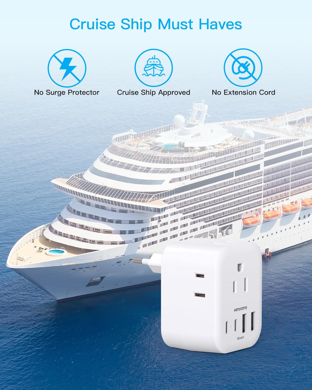 HANYCONY cruise-ready travel plug adapter for on-the-go charging.