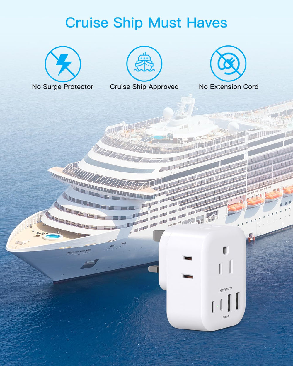 HANYCONY 8-in-1 travel adapter packaged for trips and cruises.