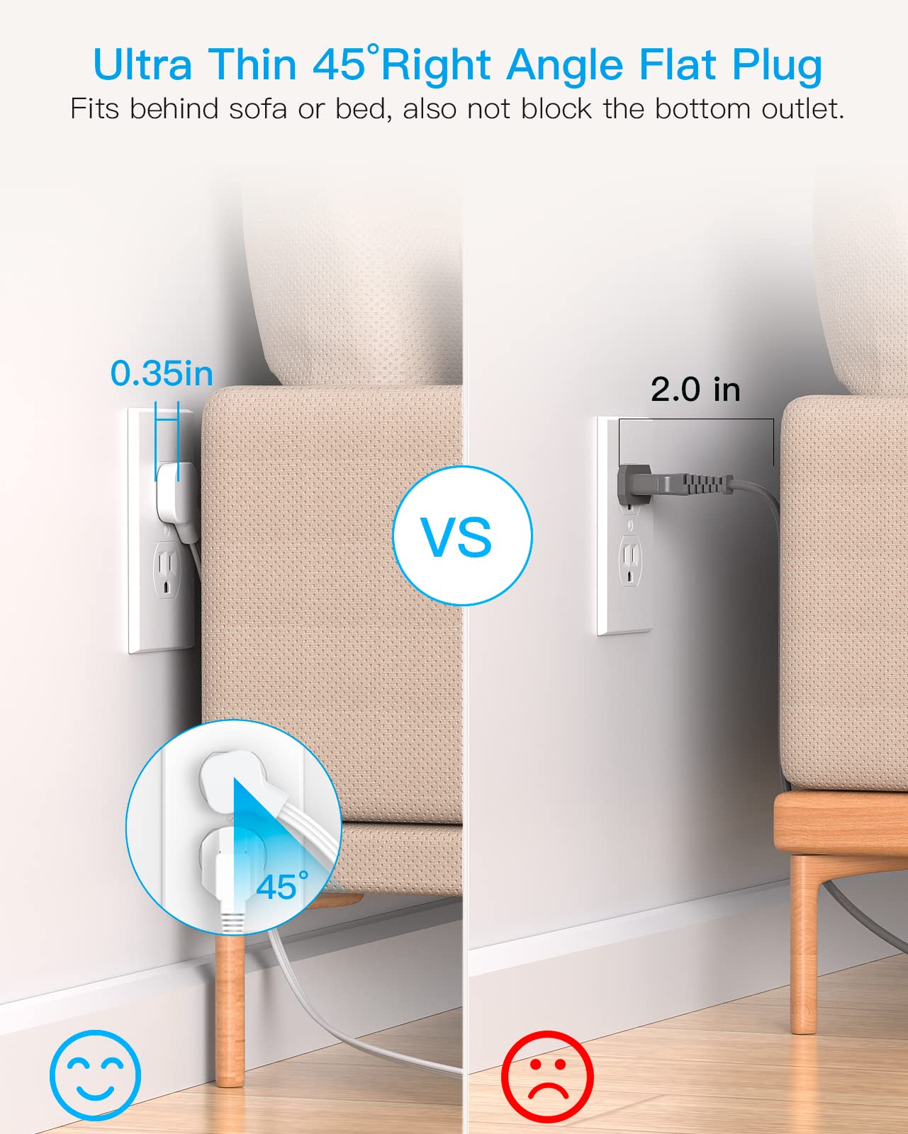 HANYCONY flat plug 45-degree design fits behind furniture or appliances.