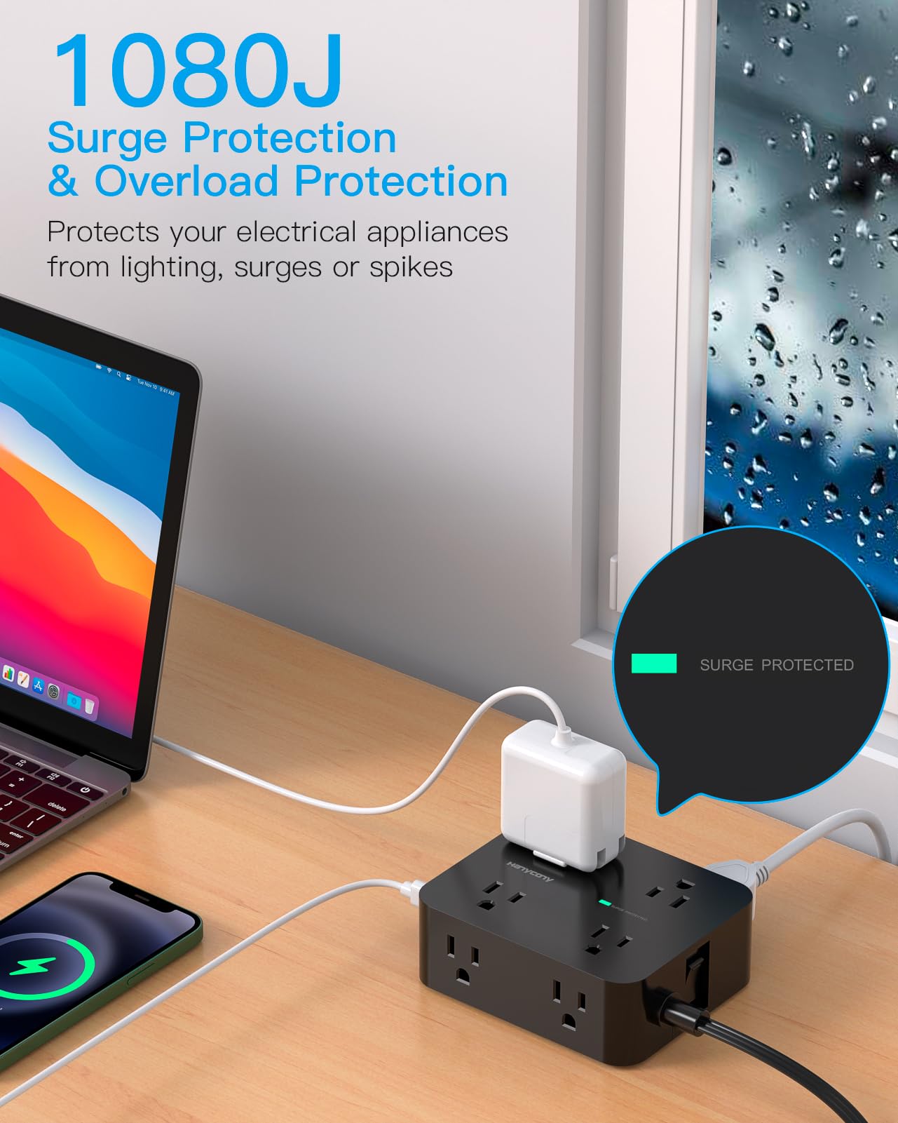 HANYCONY flat plug close to wall for furniture-free setup.