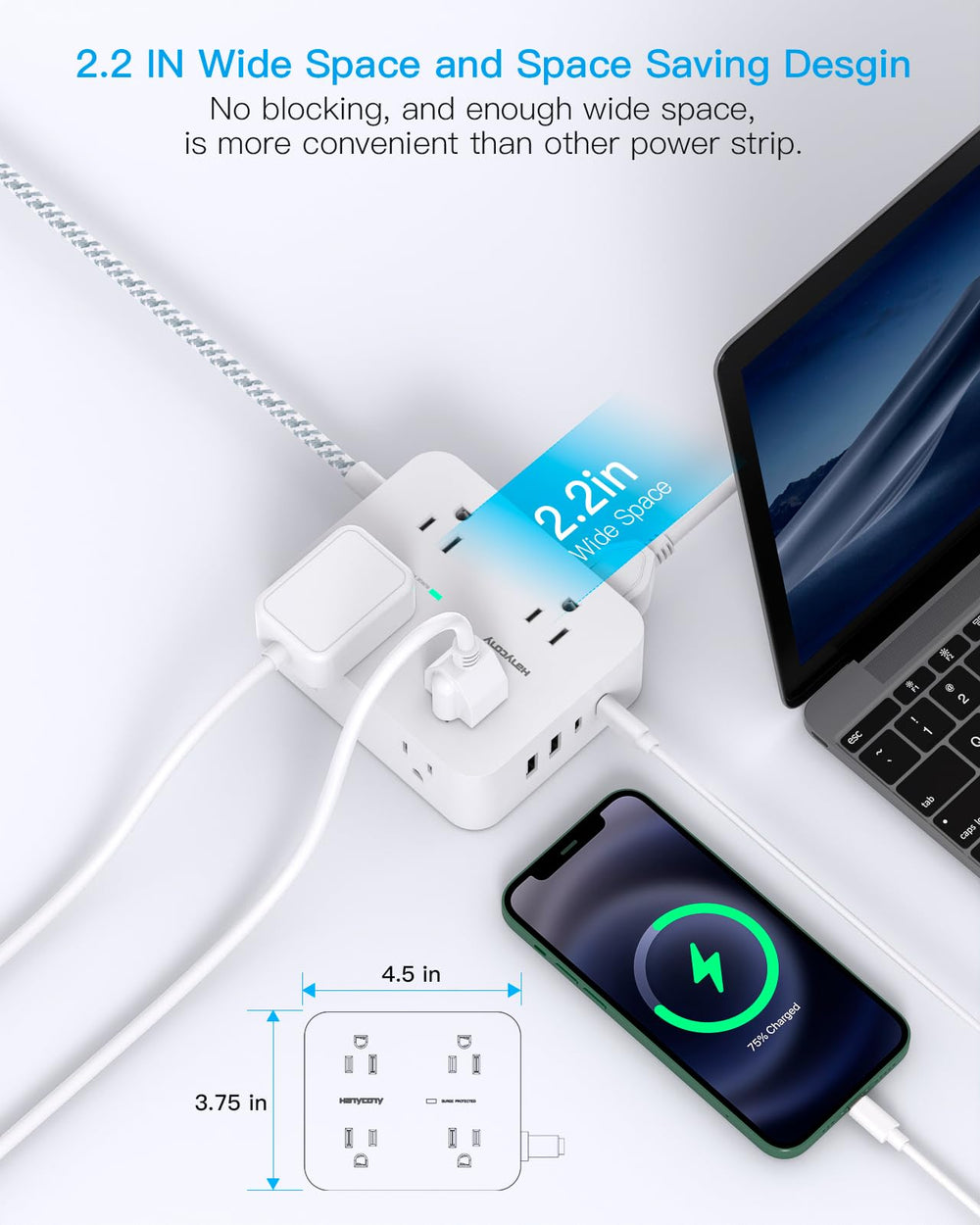 HANYCONY flat plug design fits tight spaces without blocking other outlets.