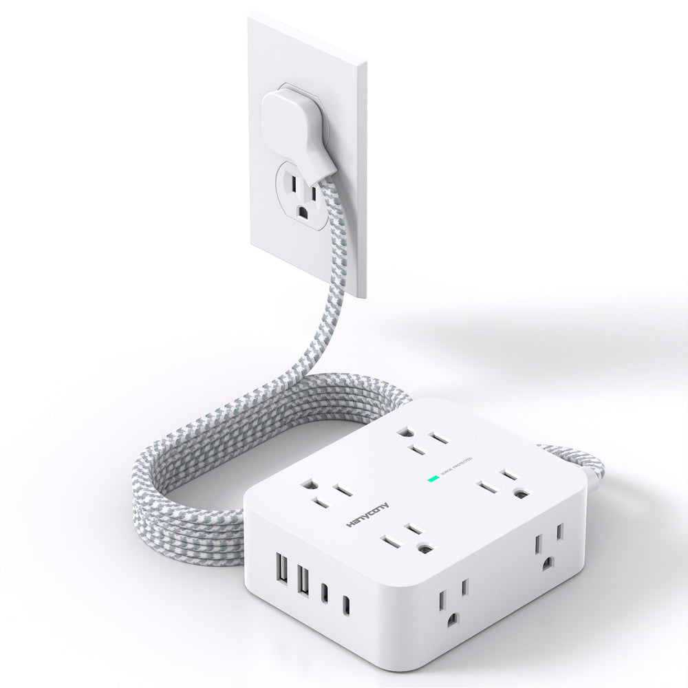 HANYCONY flat-plug extension with 8 outlets and USB ports for clutter-free desks.