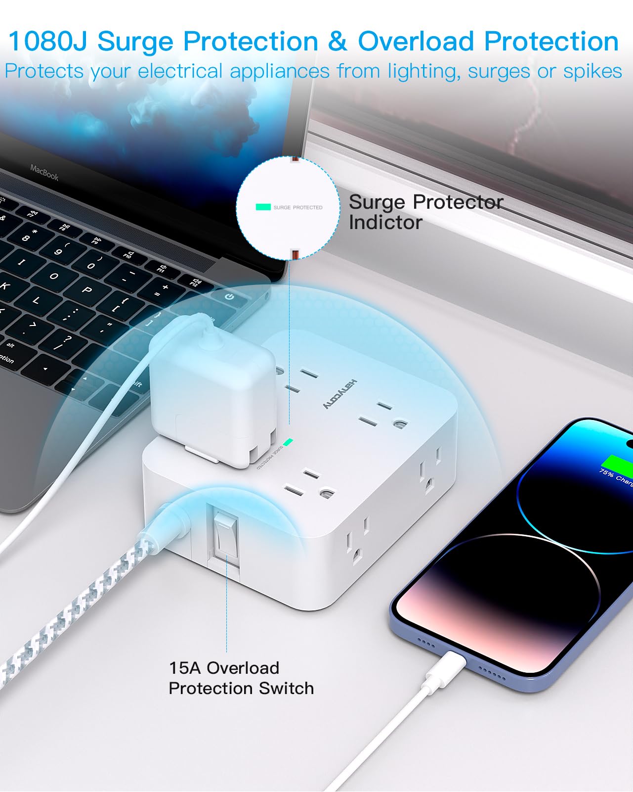 HANYCONY flat plug design fits tight spaces without blocking outlets