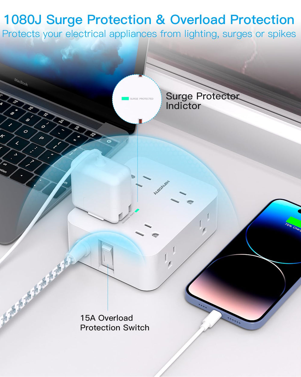 HANYCONY flat plug design fits tight spaces without blocking outlets