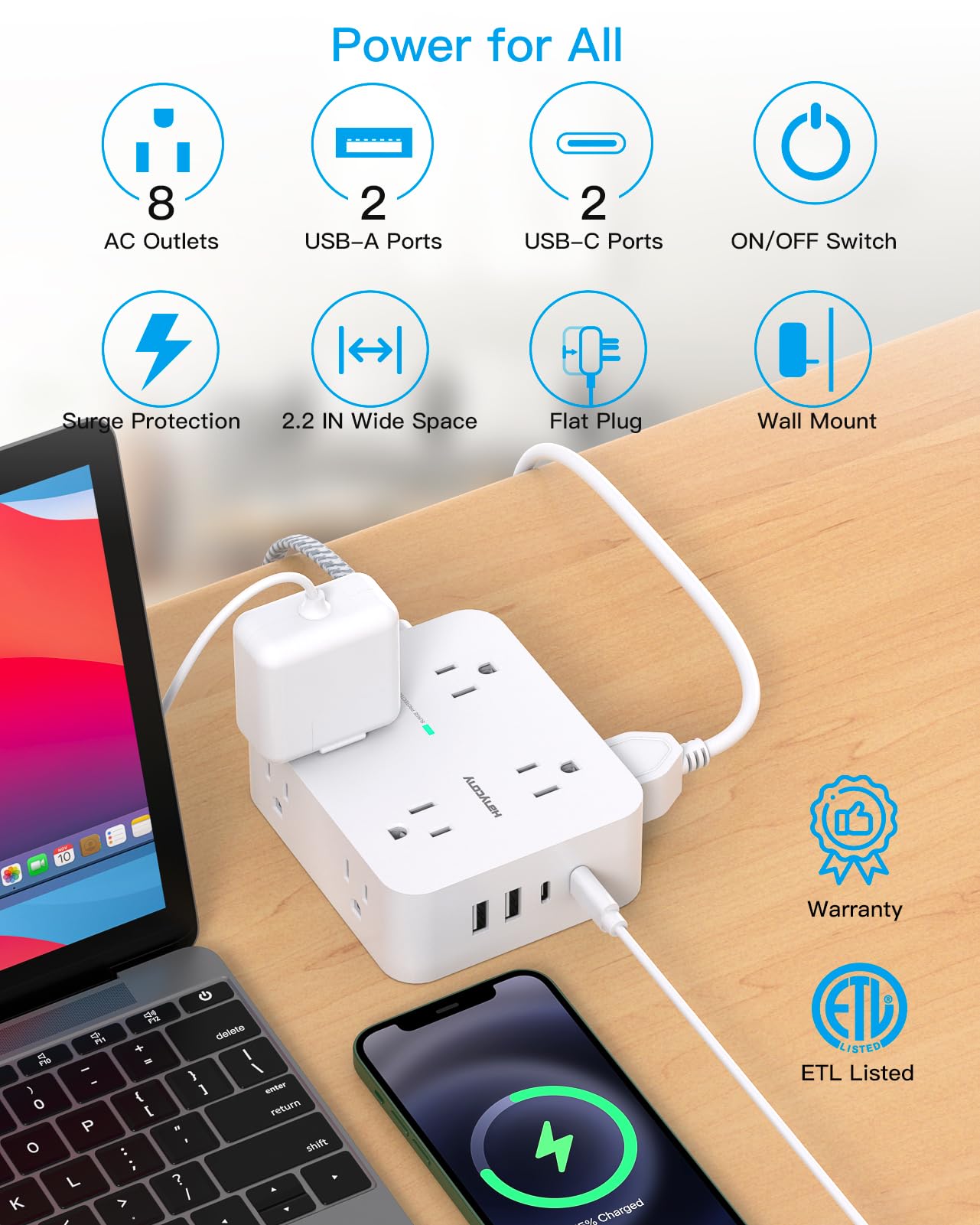HANYCONY power switch with indicator confirms surge-safe operation.