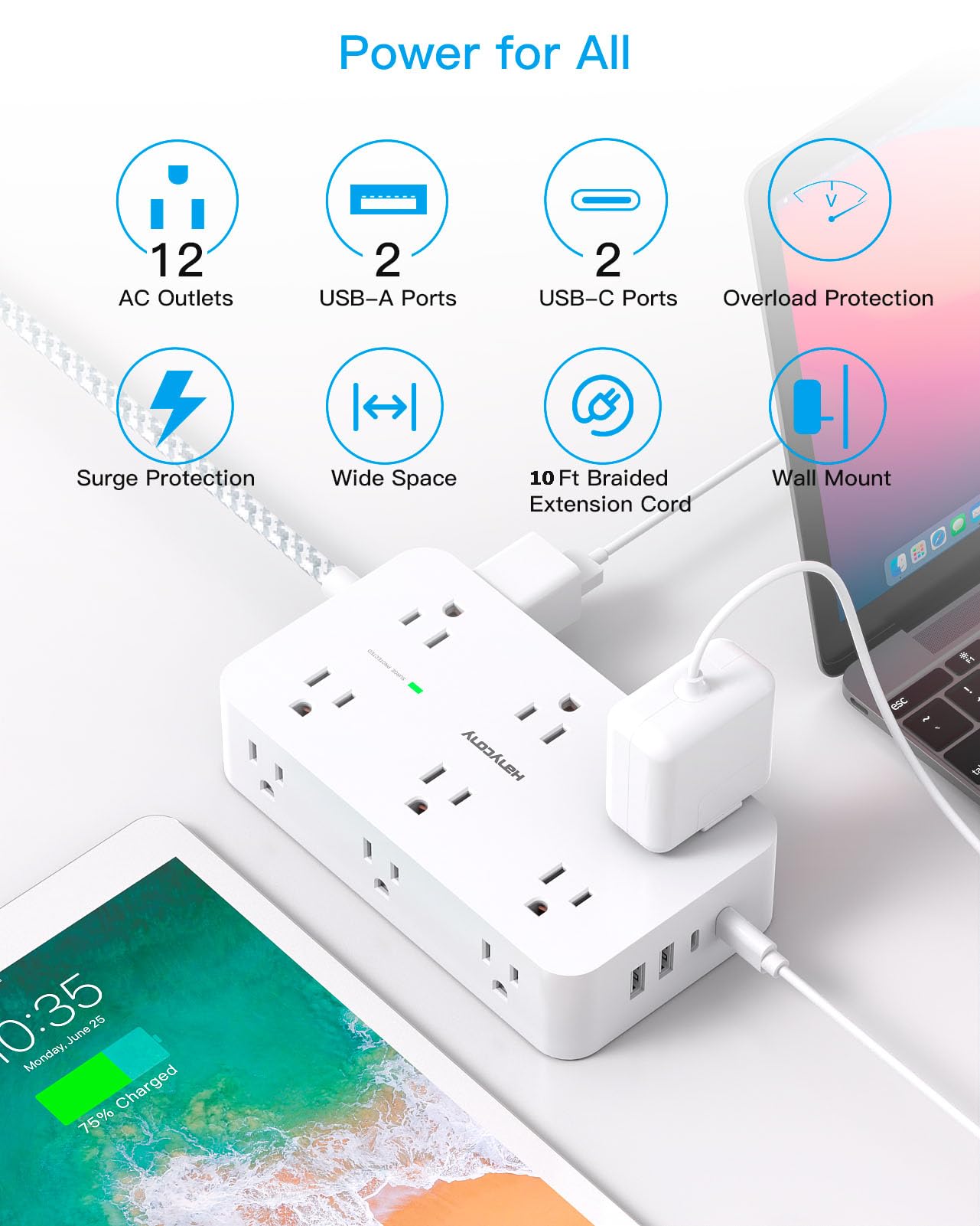 HANYCONY power strip with USB-C ports for fast device charging.