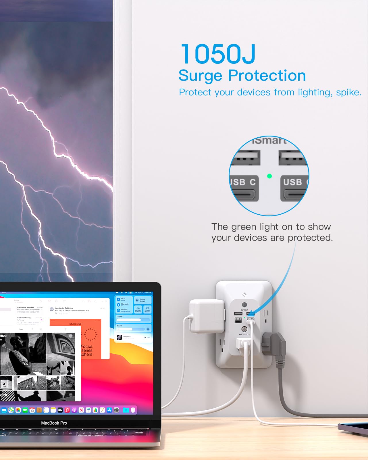 HANYCONY outlet extender with night light guiding late-night use