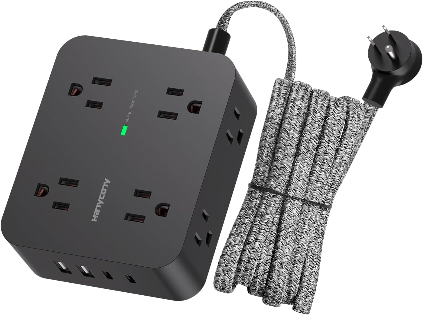 HANYCONY power strip with eight outlets and four USB ports powering multiple devices at once.