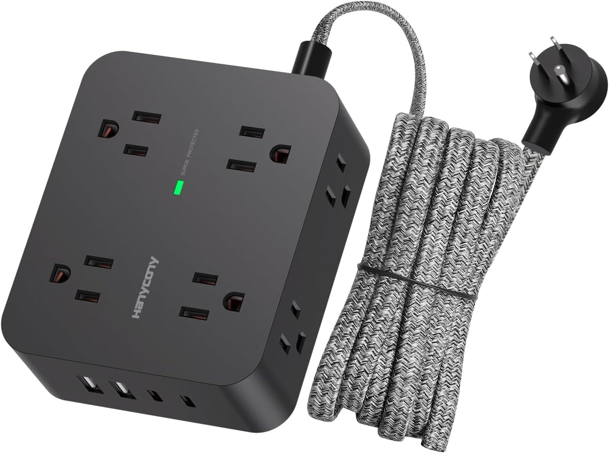 HANYCONY power strip with eight outlets and four USB ports powering multiple devices at once.