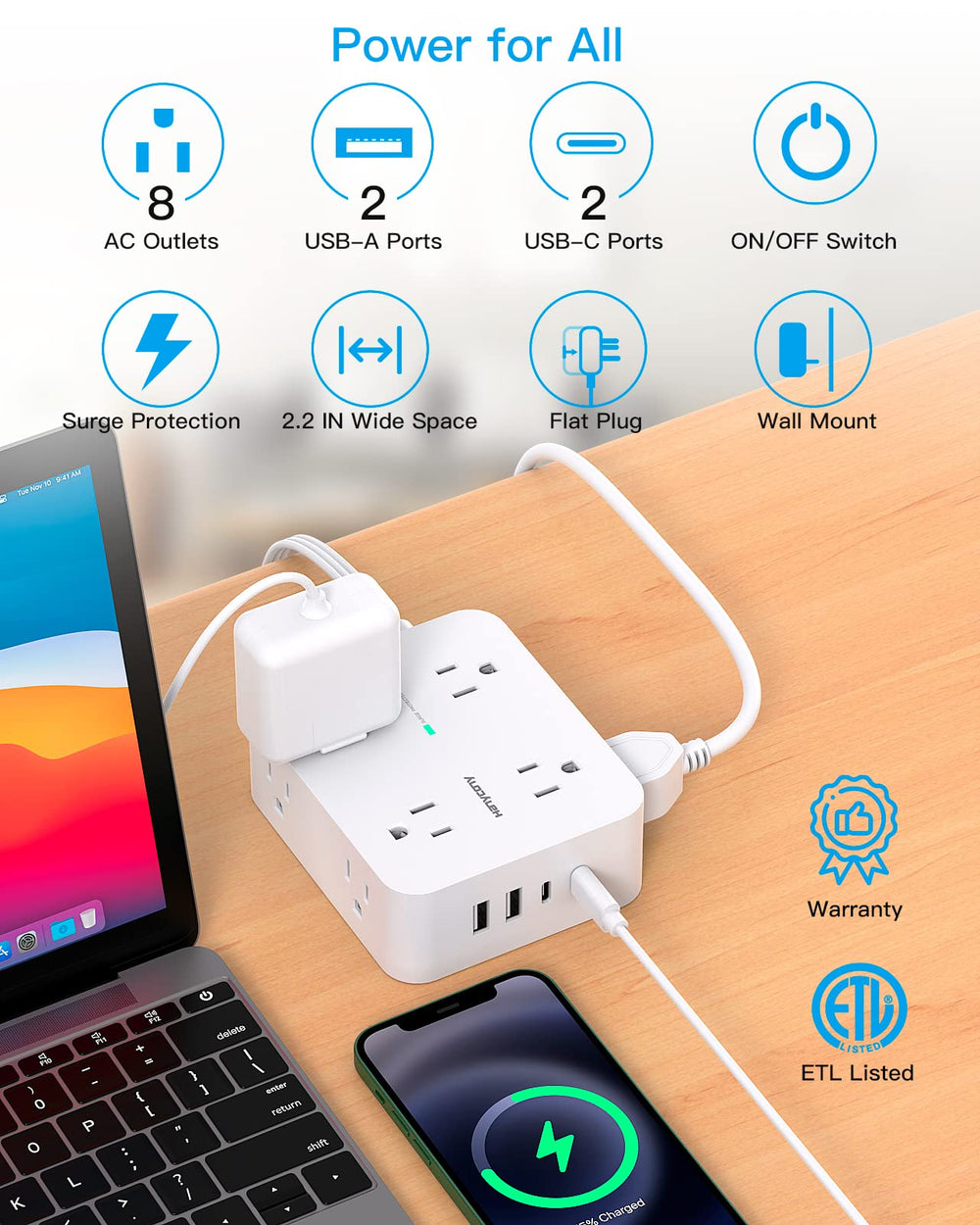 HANYCONY power strip with 8 outlets and 4 USB ports for multitasking desks.
