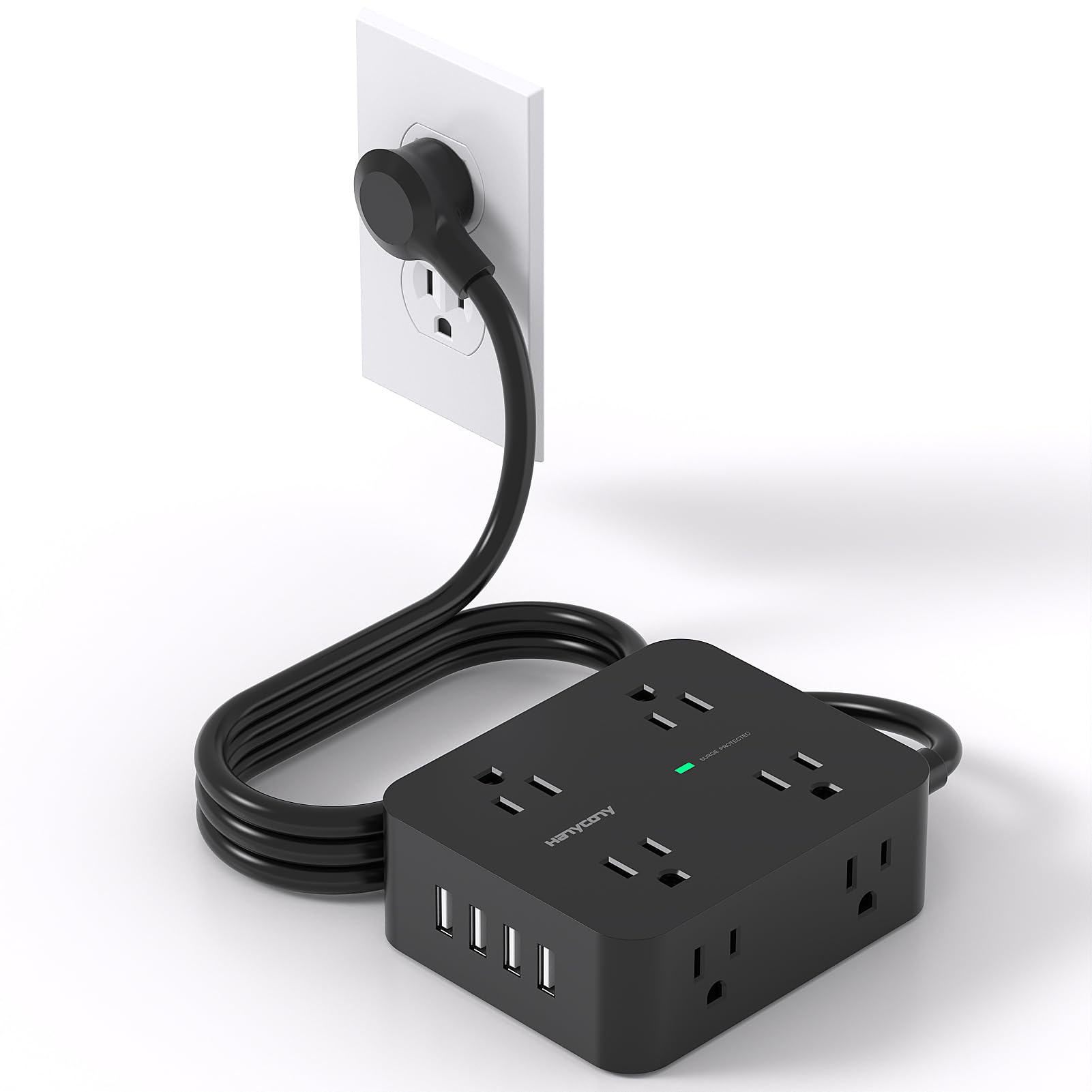 HANYCONY power strip with 8 outlets and 4 USB ports powers multiple devices.