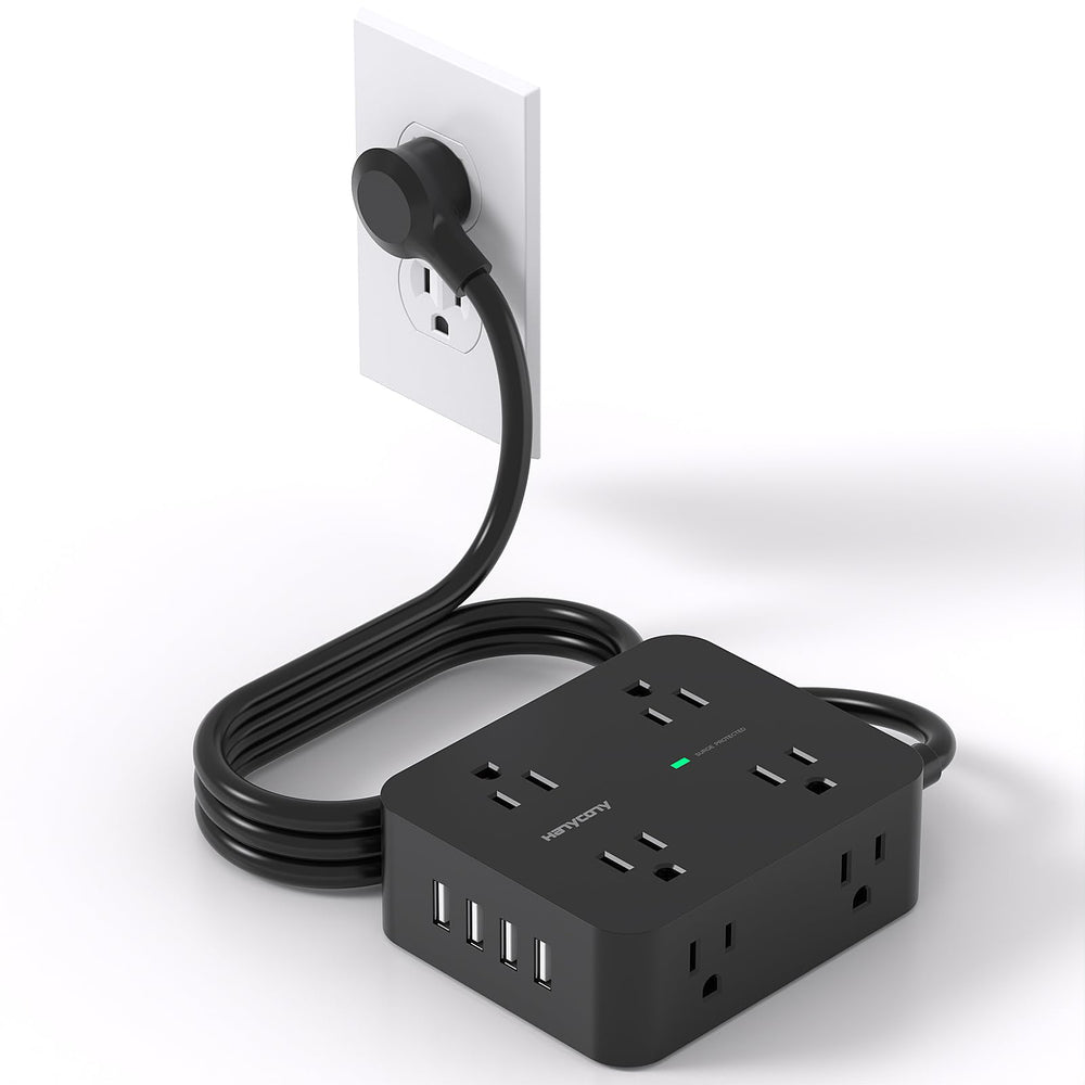HANYCONY power strip with 8 outlets and 4 USB ports powers multiple devices.