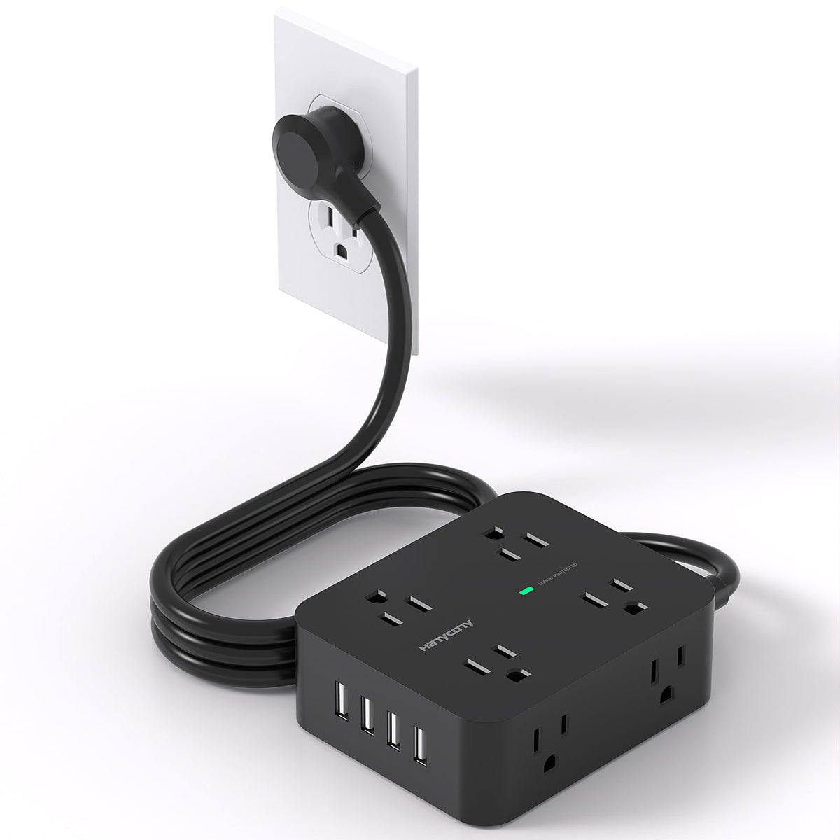 HANYCONY power strip with 8 outlets and 4 USB ports powers multiple devices.