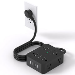 HANYCONY power strip with 8 outlets and 4 USB ports powers multiple devices.