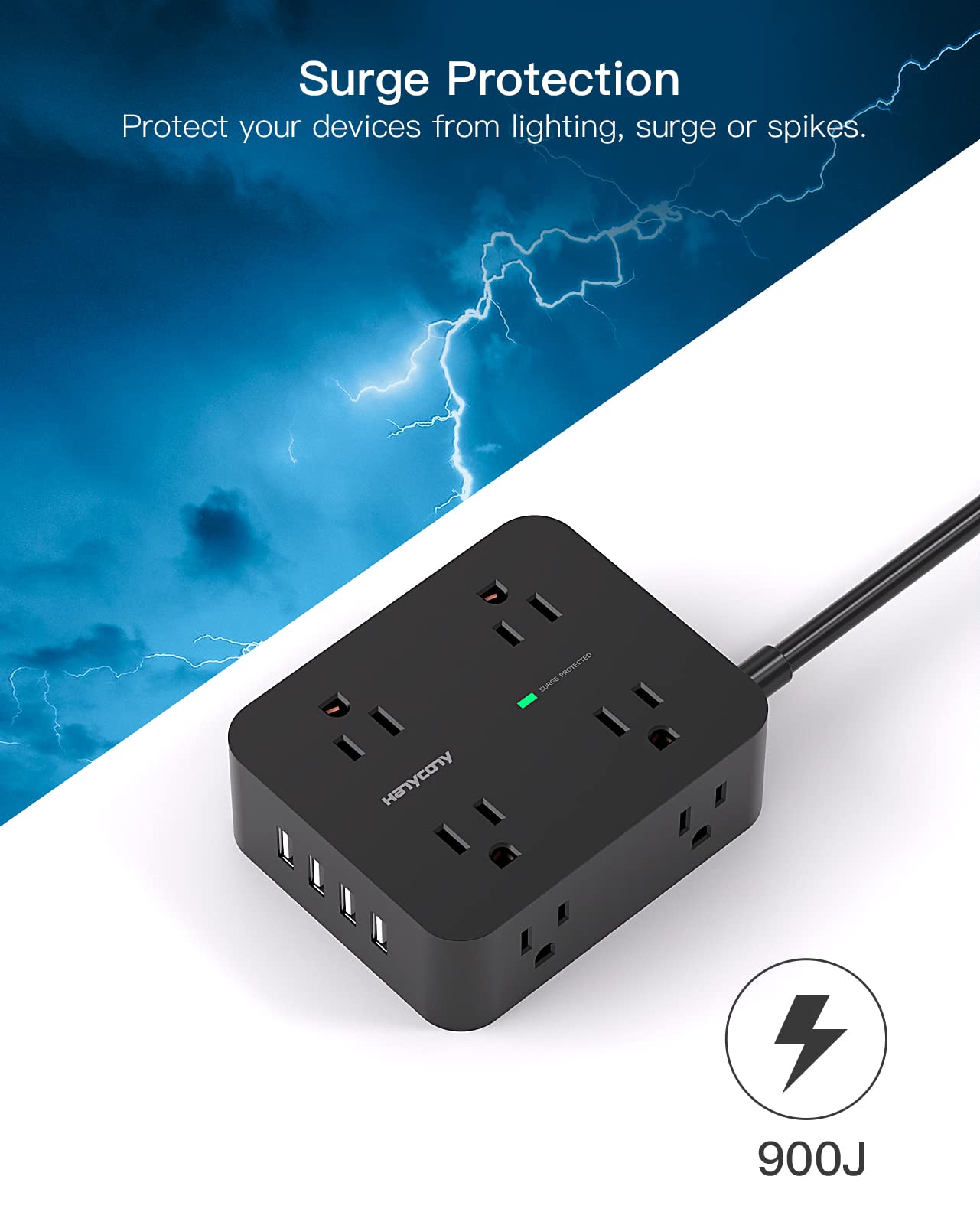 HANYCONY power strip has a flat plug and wall mount for discreet placement.