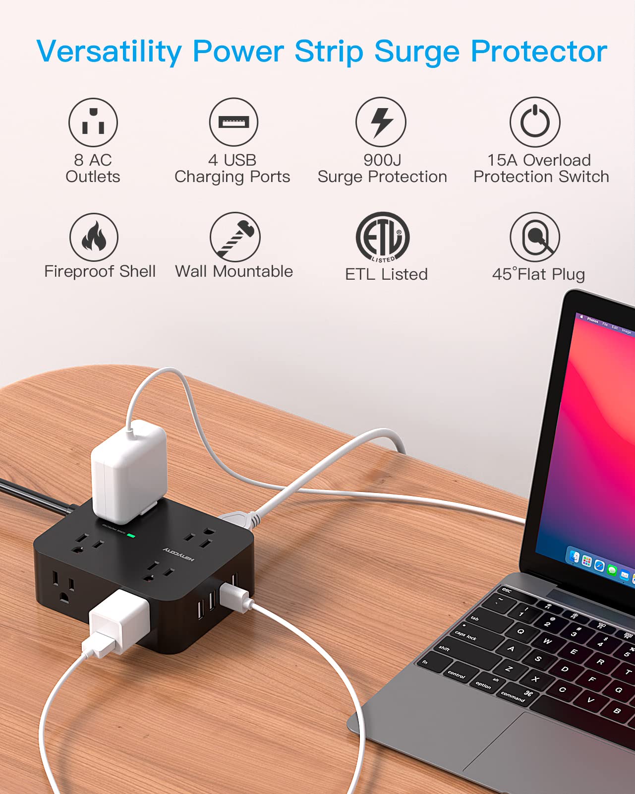 HANYCONY power strip shows wide spaced outlets to fit large plugs.