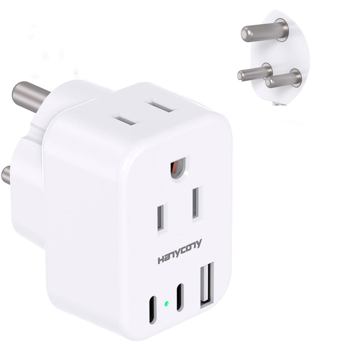 HANYCONY US-to-India plug adapter in compact travel design for easy packing.