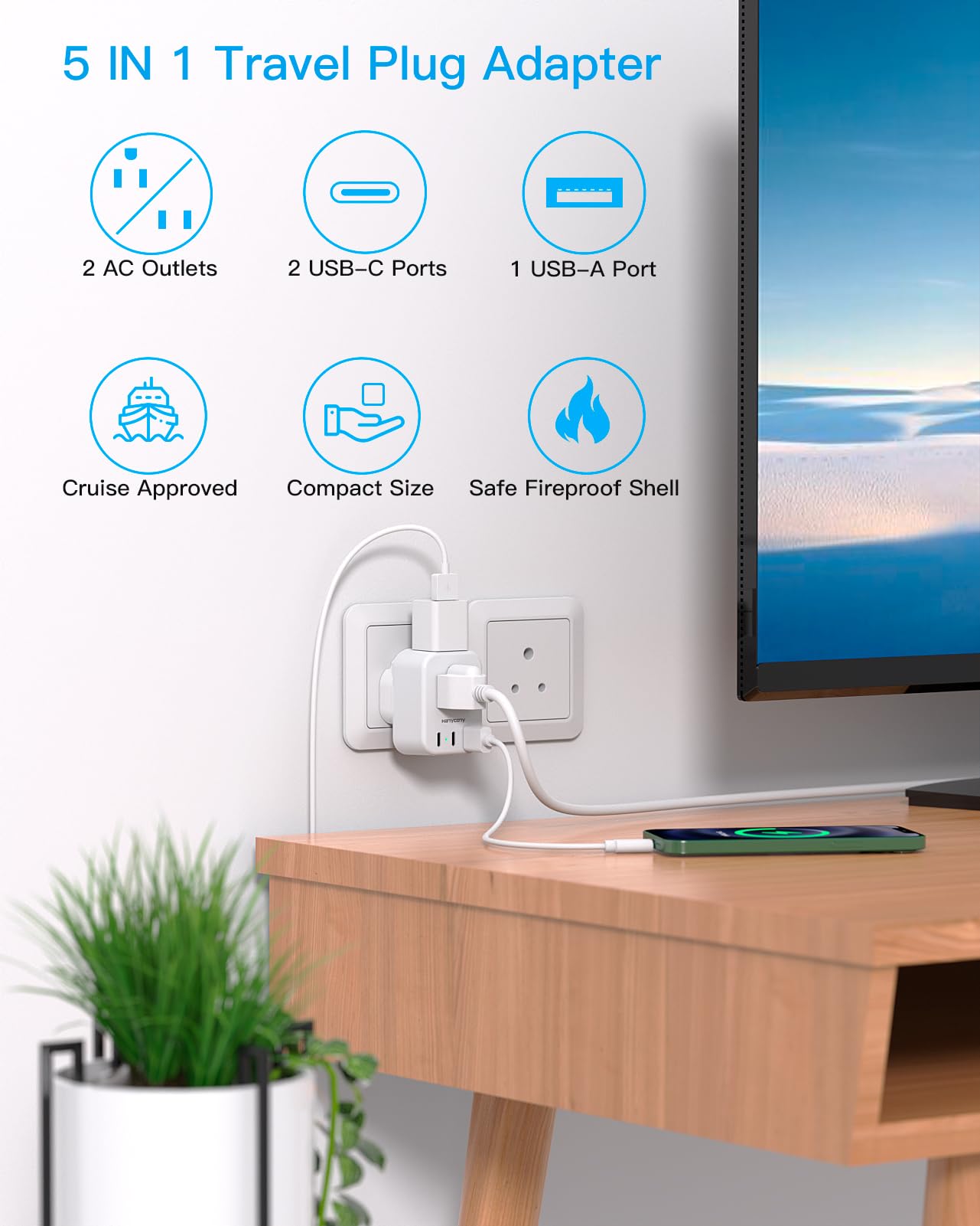 HANYCONY Type D USB C ports provide fast charging for modern devices.