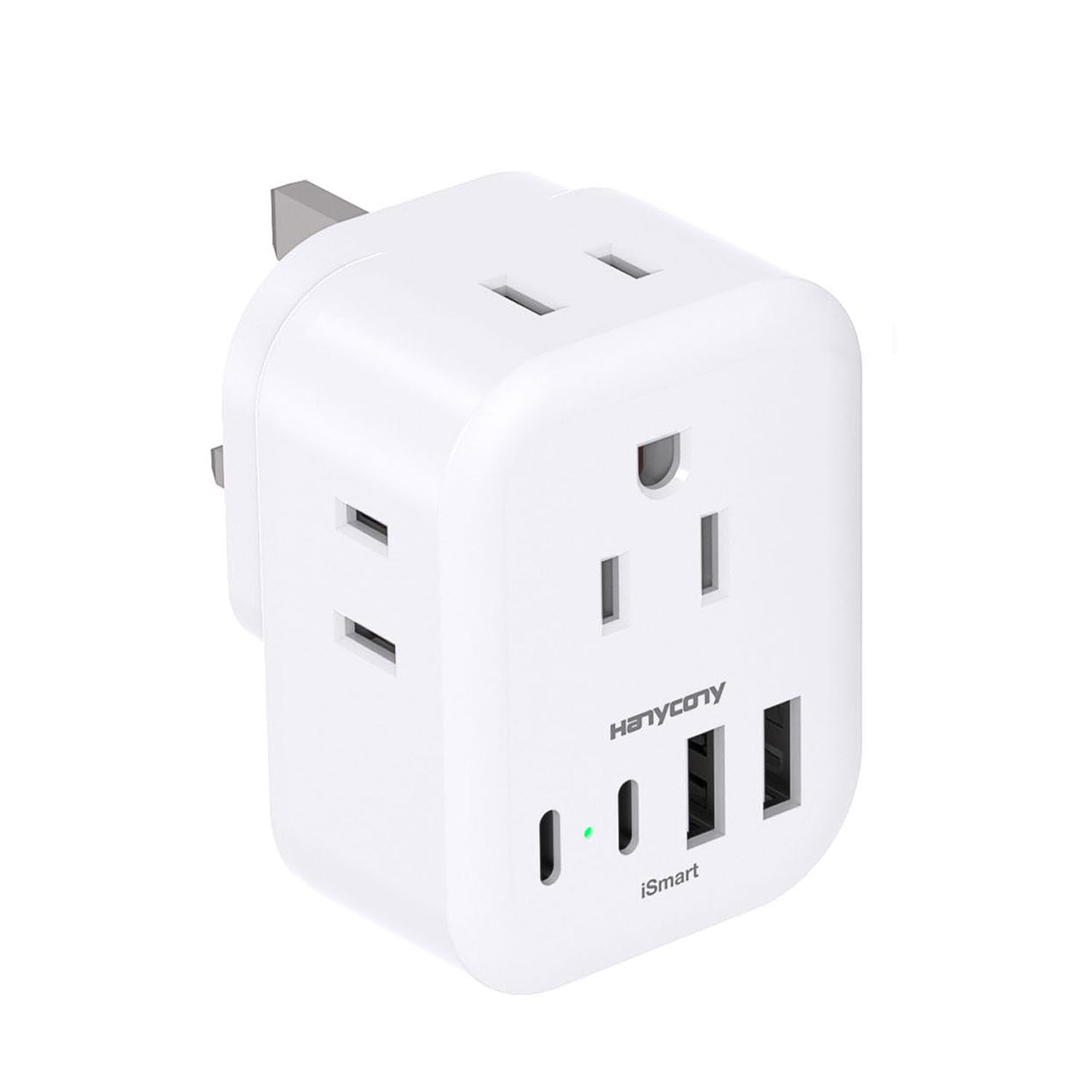HANYCONY US-to-UK travel adapter with four outlets for convenient charging on the go.