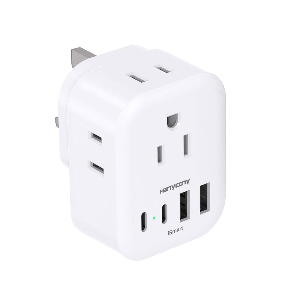 HANYCONY US-to-UK travel adapter with four outlets for convenient charging on the go.