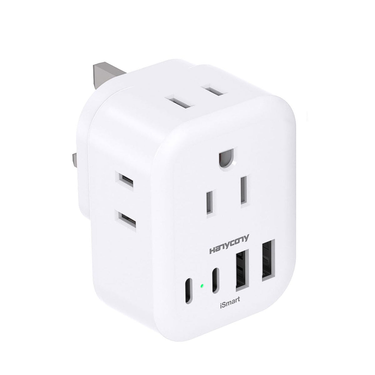 HANYCONY US-to-UK travel adapter with four outlets for convenient charging on the go.