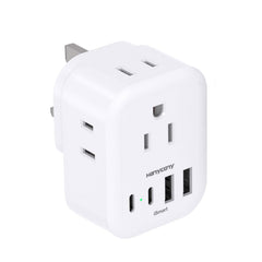 HANYCONY US-to-UK travel adapter with four outlets for convenient charging on the go.