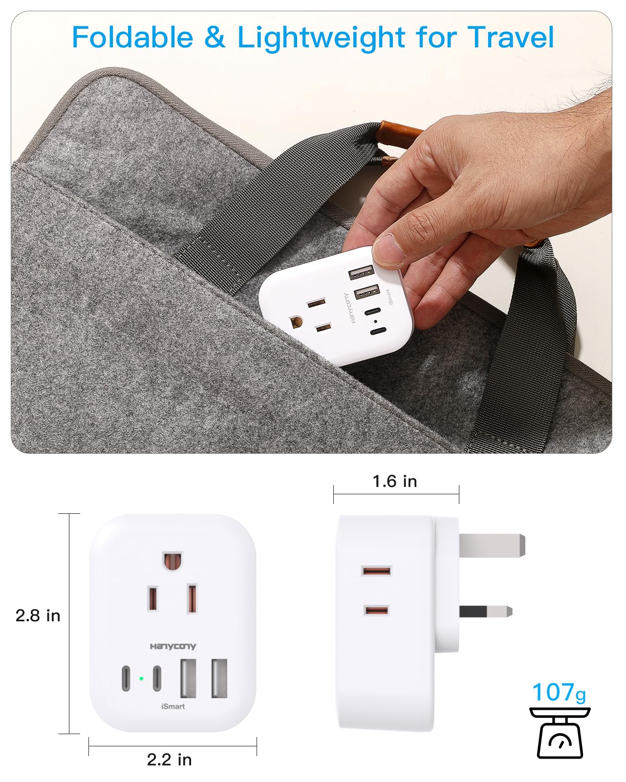 HANYCONY USB-C and USB-A ports ready for fast device charging.