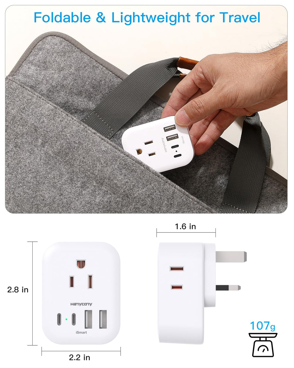 HANYCONY USB-C and USB-A ports ready for fast device charging.