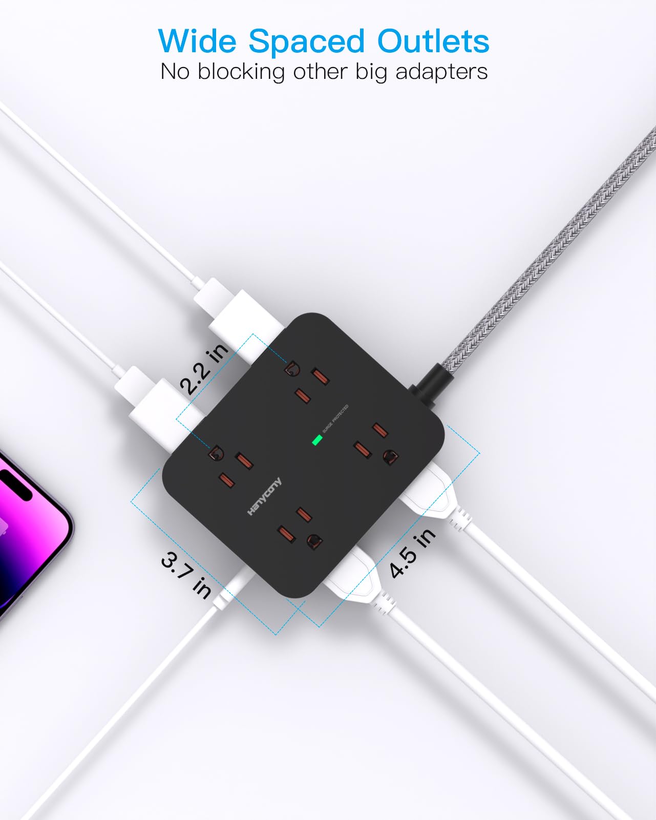HANYCONY 3-side design offers wide spacing between outlets