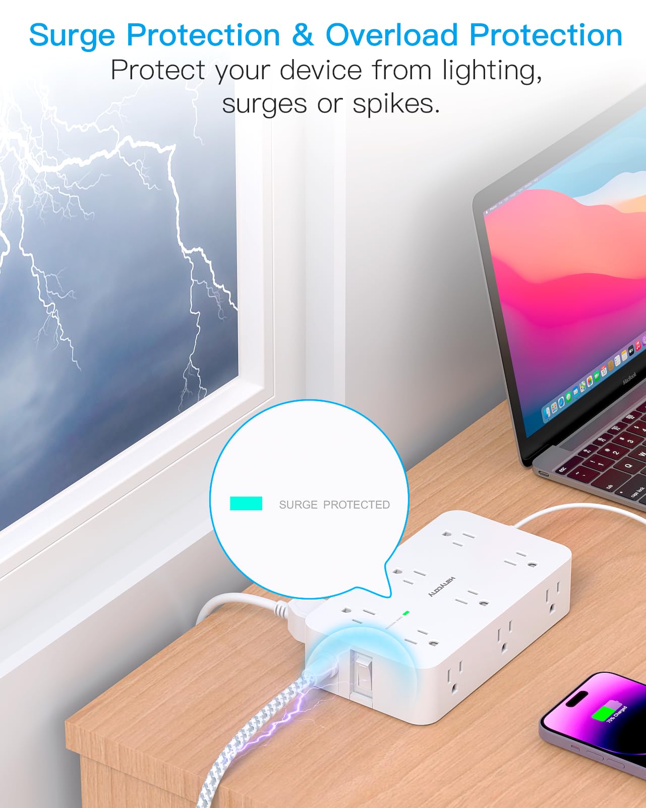 HANYCONY wide-spaced outlets prevent big adapters blocking.