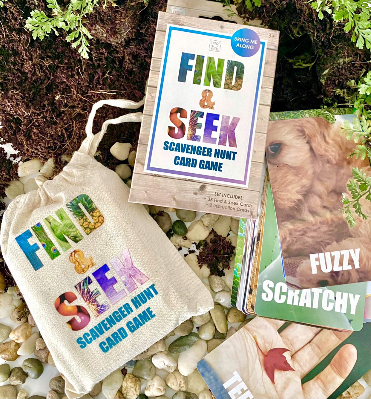 Hapinest Find and Seek drawstring bag keeps travel scavenger fun neatly stored.