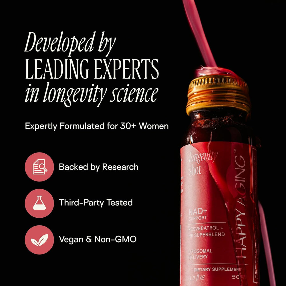 Happy Aging ready-to-drink shots displayed for quick daily use.