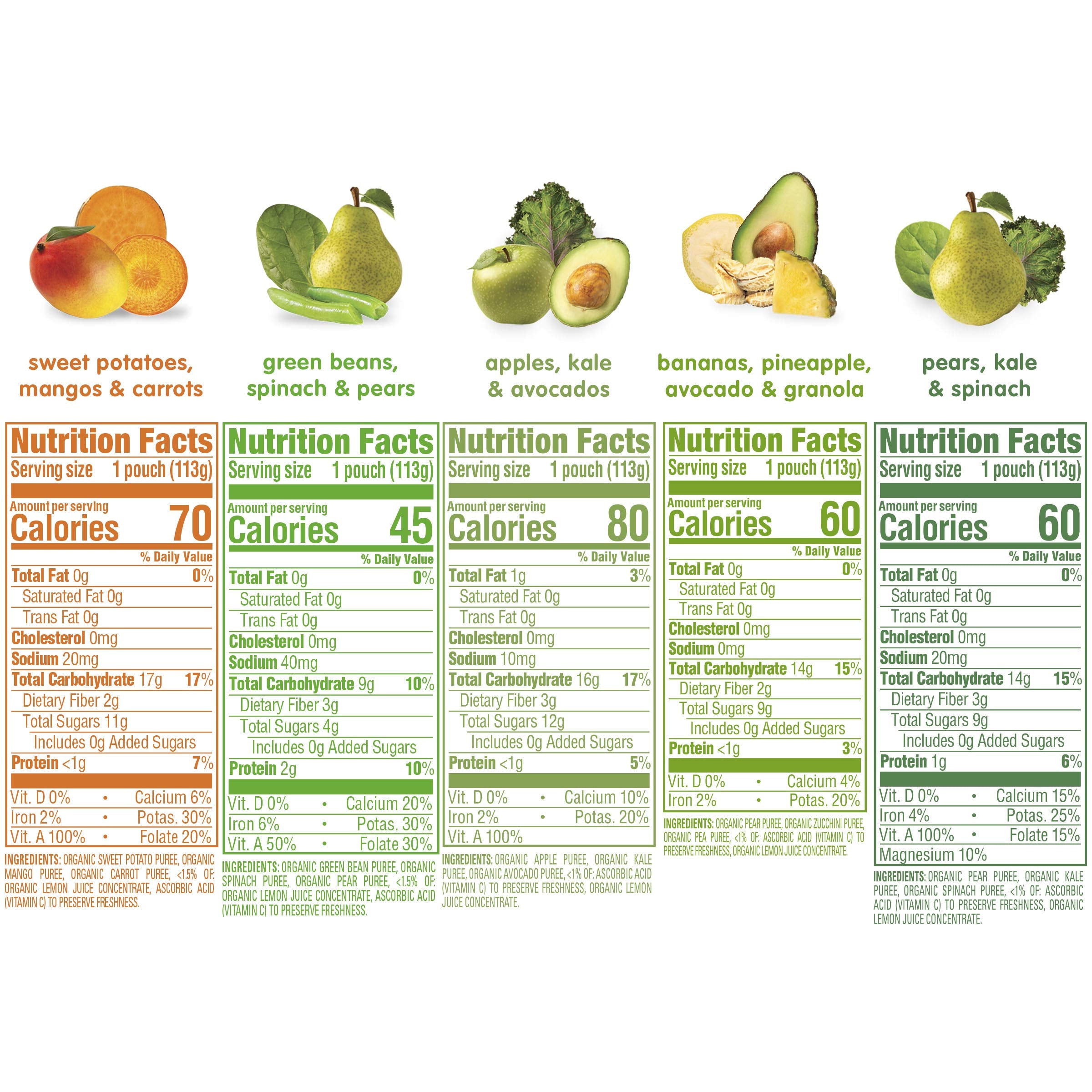 Happy Baby fruit-veggie puree variety pack offers gluten-free vegan options for small meals.