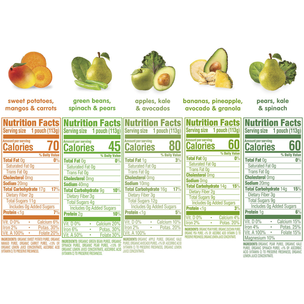 Happy Baby fruit-veggie puree variety pack offers gluten-free vegan options for small meals.