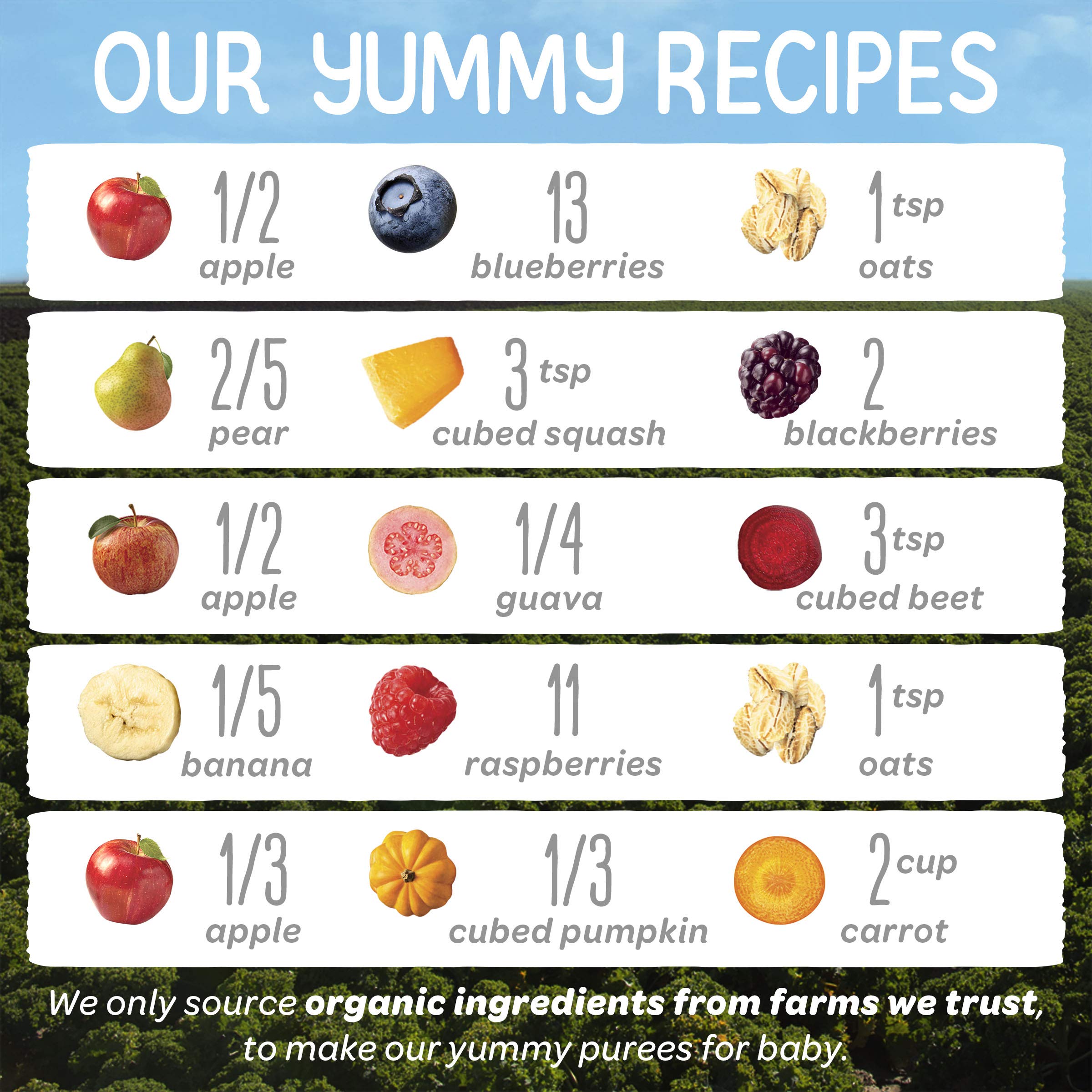 Happy Baby gluten-free vegan snack pouches highlight organic ingredients.